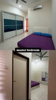 two pictures of a bedroom with a master bedroom at Azriff homestay in Seri Iskandar