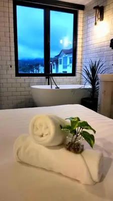 a towel on a bed with a plant on it at Silvan Garden Cameron Highlands in Tanah Rata