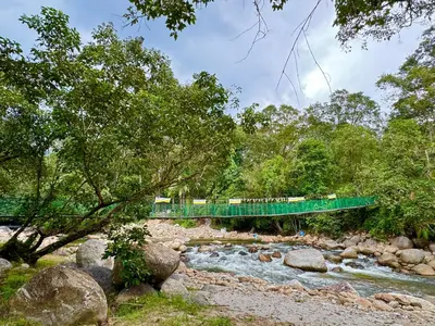 a bridge over a river with a train on it at Kuala Woh Resort in Tapah