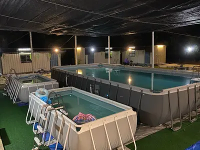 a large swimming pool with two chairs around it at YN cabin in Tanjung Karang