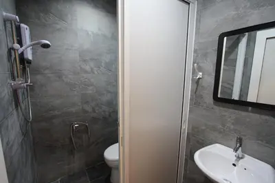 a bathroom with a sink and a toilet and a mirror at Shamrock Guest House II in Ipoh