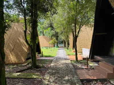 a cobblestone path between two buildings with trees at Chalet Kuala Woh Resort in Tapah