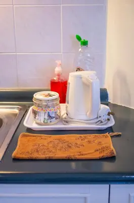 a tea kettle sitting on a counter next to a sink at Rainbow Paradise with Beach in Tanjung Bungah in Tanjung Bungah