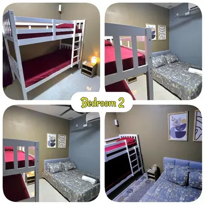 three pictures of a bedroom with two bunk beds at Humaira Homestay Teluk Intan in Teluk Intan