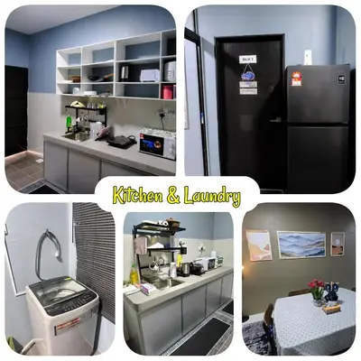 a collage of four pictures of a kitchen and laundry at Humaira Homestay Teluk Intan in Teluk Intan