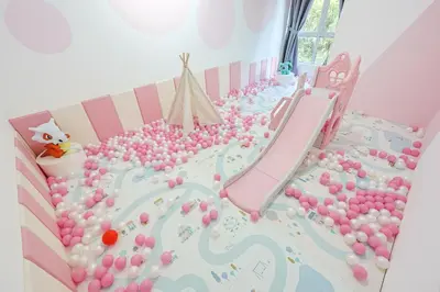 a childs room with a play area with a pool and a slide at Luxury Pokémon Haven with Private Playground Brinchang Cameron Highlands Clover Home 2-28 in Brinchang