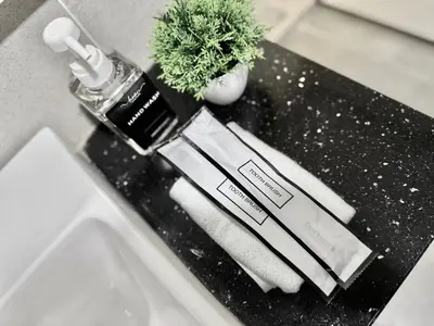 a bathroom counter with a bottle of soap and a plant at Tropicana 218 Macalister #Georgetown #Infinity Pool #2pax studio suite #1 Queen #Quality well maintained #Private host in George Town