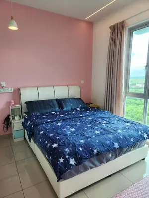 a bedroom with a bed in a room with a window at CATAILIS Metropol Serviced Apartment Bandar Perda Bukit Mertajam near Penang Bridge in Bukit Mertajam