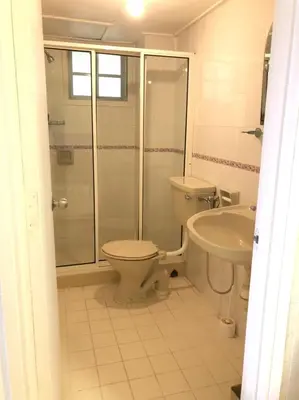 a bathroom with a toilet and a shower and a sink at Misty at Fraser's Hill in Bukit Fraser