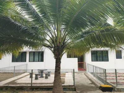 a palm tree in front of a building at Pangkor Shu Yuan \u90a6\u54af\u5c9b\u5885\u82d1\u6d77\u6ee9\u522b\u5885 in Pangkor