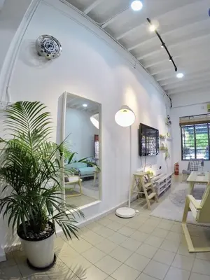 a living room with a potted plant and a mirror at 35Mandalay at Georgetown 5 bedroom for 7-15 pax in George Town