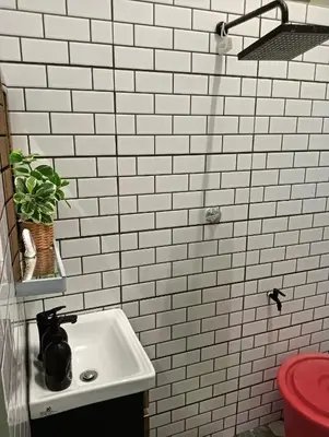 a white tiled bathroom with a sink and a plant at FF Lunas Homestay in Lunas