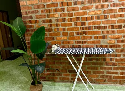 a cat sitting on a table next to a brick wall at Bola-Bola DHomestay in Kepala Batas