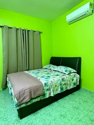 a bedroom with green walls and a bed in it at Bola-Bola DHomestay in Kepala Batas