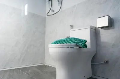 a bathroom with a toilet with a green towel on it at Bricks Guesthouse in Tanah Rata