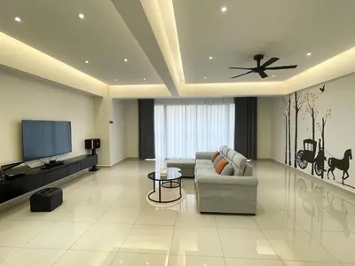 a living room with a couch and a flat screen tv at CozyNest Homestay The venus Sitiawan Sing & Play in Seri Manjung
