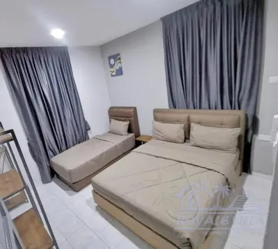 a bedroom with a bed and a couch and curtains at Royale Villa Private Pool Batu Gajah Ipoh Perak in Batu Gajah