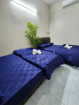 three blue beds in a room with a potted plant at Sun Rock Home by Ipoh Maju Stay in Ipoh