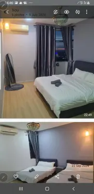 two pictures of a hotel room with a bed at Crystal Creek condo Taiping in Taiping
