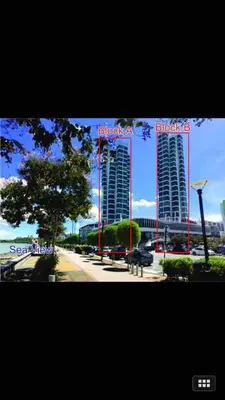 a view of a city with two tall buildings at Big BathTub Premium Seafront Studio in Town with WiFi & Full Kitchen in George Town