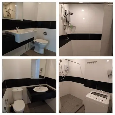 four pictures of a bathroom with a sink and a toilet at Mansion One 279 in George Town