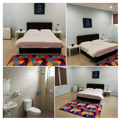 three pictures of a bedroom with two beds and a bathroom at Ariela Homestay in Ipoh