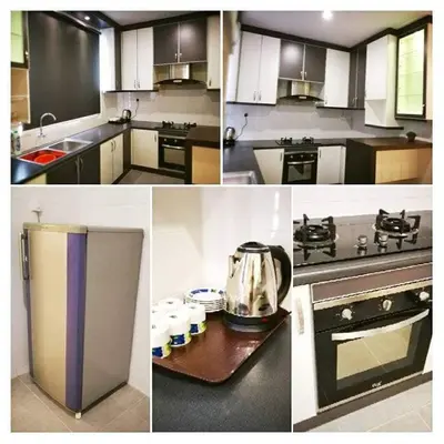 a collage of four pictures of a kitchen at Ariela Homestay in Ipoh