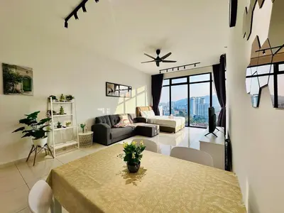 a living room with a table and a couch at 2BR Georgetown Luxury Suite #RooftopPool #Beacon in George Town