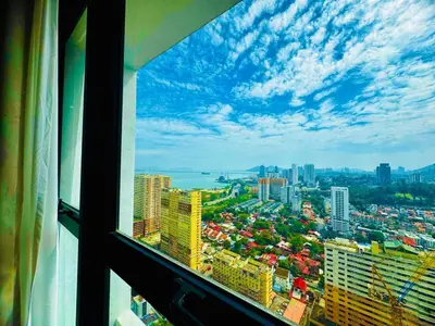 a view from a window of a city at Luxury Sea & City Views 3BR 12PAX in Jelutong