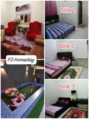 a collage of four pictures of a room with a pool at FDhomestay in Kampung Baharu Batu Dua