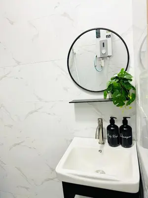 a bathroom sink with a mirror and a plant at Warisan Guest House Ipoh in Ipoh