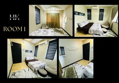 a collage of four pictures of a room at Warisan Guest House Ipoh in Ipoh