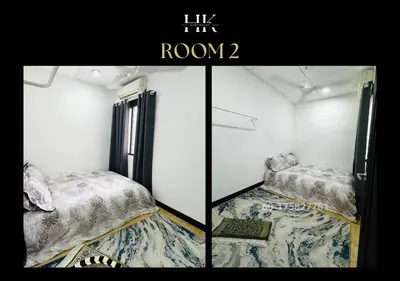two photos of a room with two beds at Warisan Guest House Ipoh in Ipoh