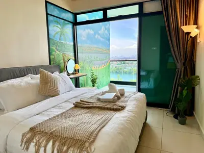 a bedroom with a bed with a large window at Ipoh Lahat Mines Private Pool Lake Villa by IWH Suites in Lahat