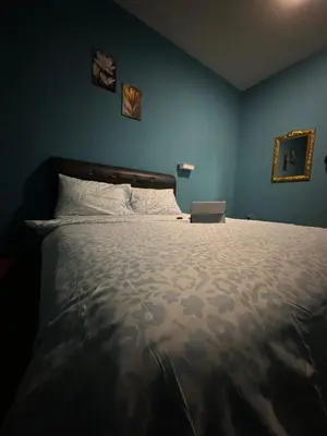 a bedroom with a large bed in a blue wall at charming 1br retreat in bayan lepas 1car park Malaysian guest only Netflix in Bayan Lepas