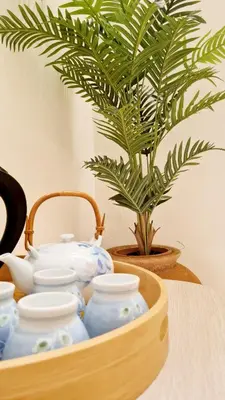 a wooden tray filled with tea pots and a potted plant at Kazuki Boutique Accommodation in George Town