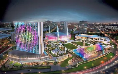 a rendering of a large building in a city at night at 1br 2pax 1car only Malaysian guest only in Bayan Lepas
