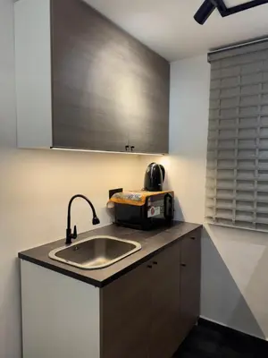 a kitchen with a sink and a microwave at Industrial Loft Tinyhouse Homestay - 2 Queen Bed, Free Netflix, Prime & Wi-Fi Near Bukit Mertajam in Kubang Semang