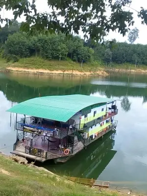a boat with a green roof on a river at House boat in Gerik