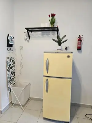 a yellow refrigerator with a plant on top of it at Ipoh Meru Landed Homestay TropiCasa 28 in Ipoh