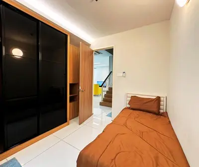 a bedroom with a bed and a large window at Luxury 5BR stay walk to beach & Night market fun in Batu Ferringhi