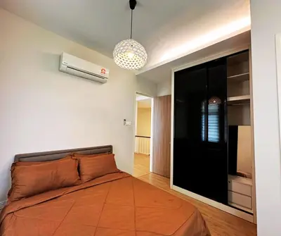 a bedroom with a bed and a large window at Large Family Villa Beach & Night Market Steps Away 20 Pax in Batu Ferringhi