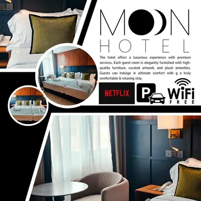 a flyer for a hotel suite with a bed and a table at Moon Hotel in George Town