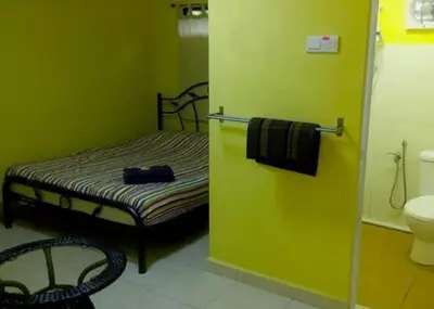 a green room with a bed and a toilet at Ali's Guest House in Batu Ferringhi