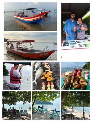 a collage of photos with a boat on the beach at Ali's Guest House in Batu Ferringhi