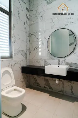 a bathroom with a toilet and a sink and a mirror at Georgetown Chanel-Style Jacuzzi & KTV 5BR 18pax F in George Town