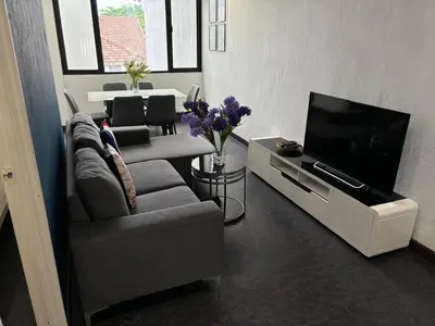 a living room with a couch and a flat screen tv at Spacious 4BR Family Suites in George Town in George Town