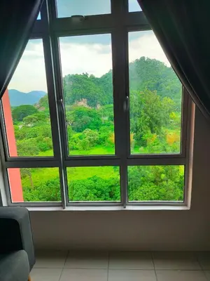 a window with a view of a lush green field at VS Homestay in Ipoh