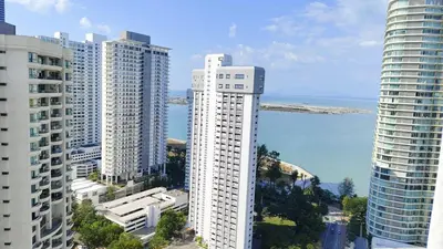 an aerial view of a city with tall buildings at High-Rise Suite with view-Near Gurney & Gleneagles in George Town
