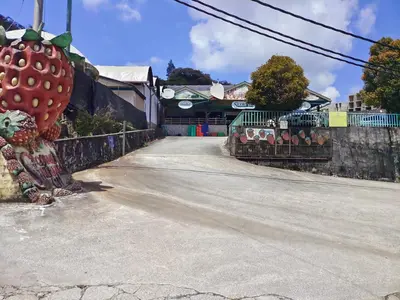 an empty street with a statue of a giant strawberry at Palas Horizon Kea Farm 2-9 pax 180 View Cameron in Brinchang